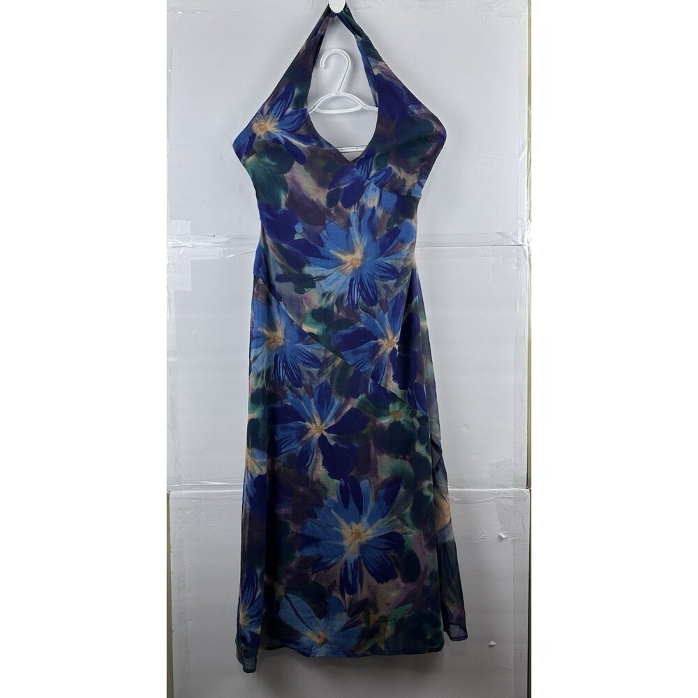 Lulus Blue Floral Print Halter Dress Size M Side Zip Style CD1815L”